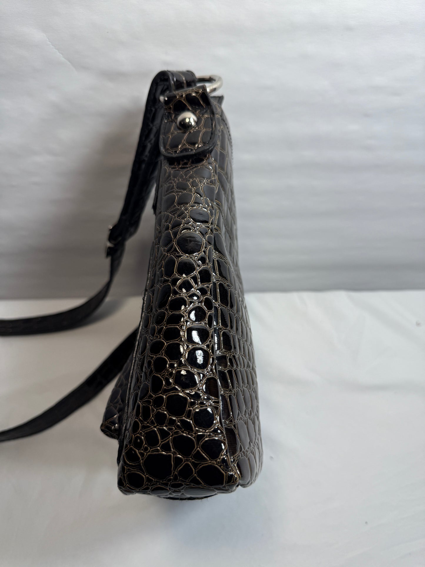 Croc Embossed Black Patent Leather Crossbody Bag