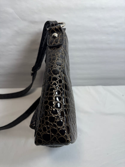 Croc Embossed Black Patent Leather Crossbody Bag