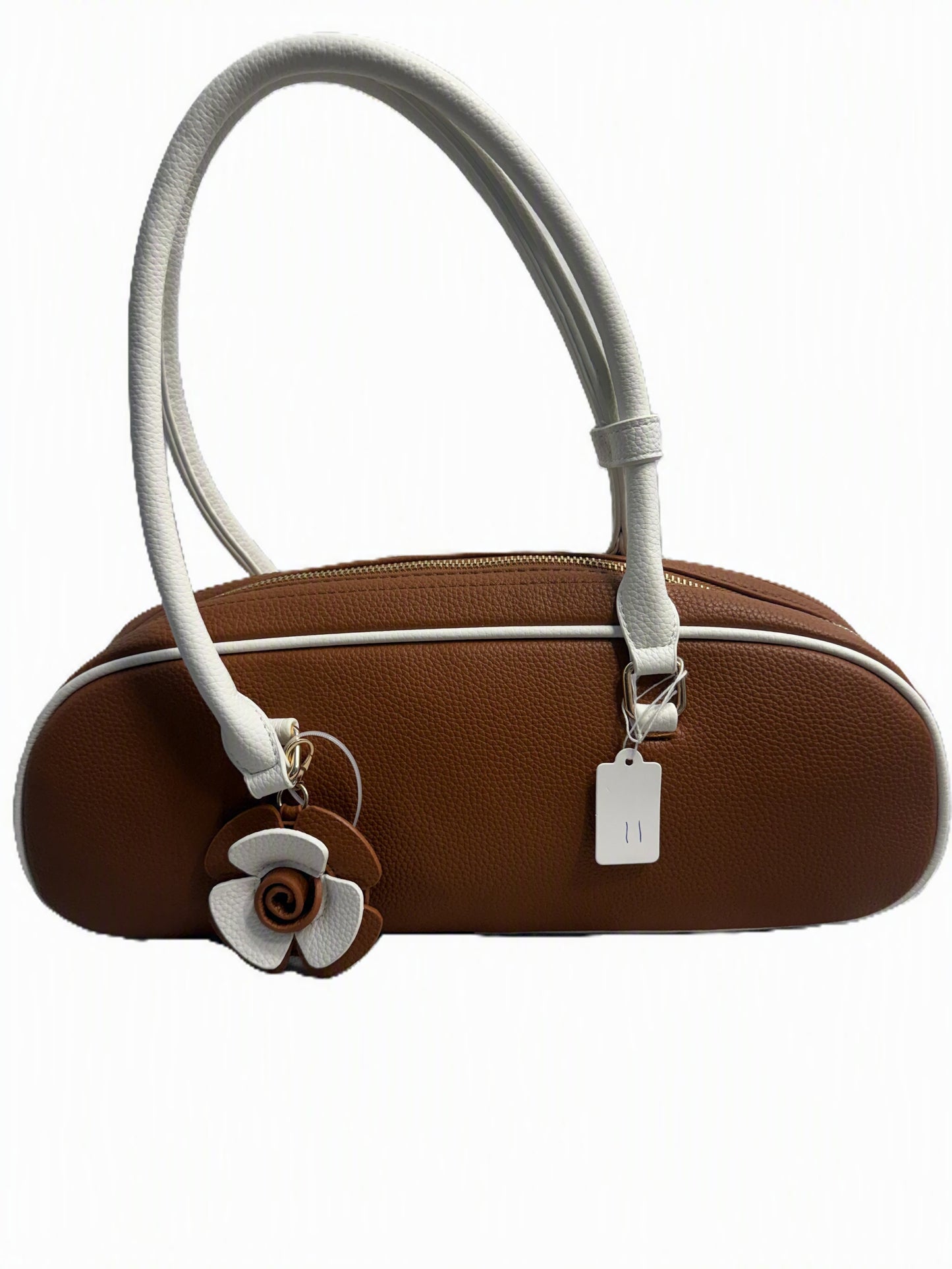 Faux leather flower charm bowler bag