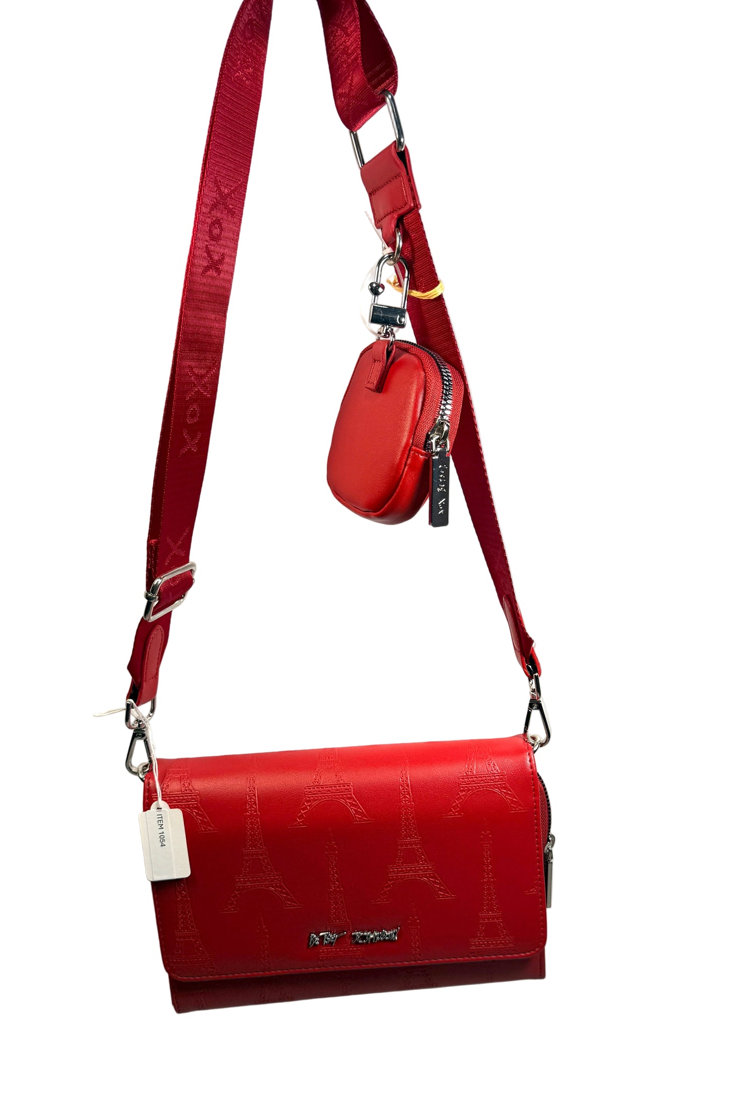 Betsey Johnson Clutch Crossbody Bag Paris Eiffel Embossed Red Pouch