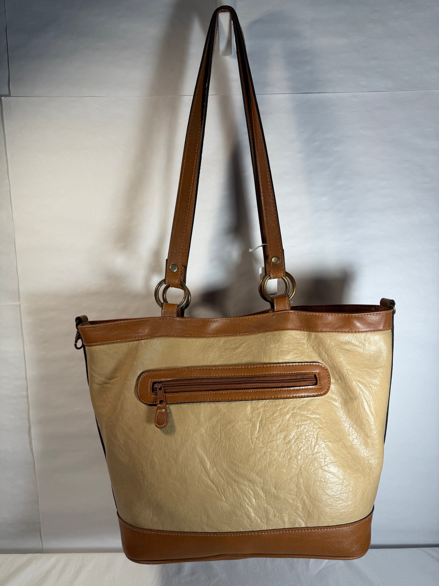Large Tote Shoulder Bag Cream & Brown Faux Leather