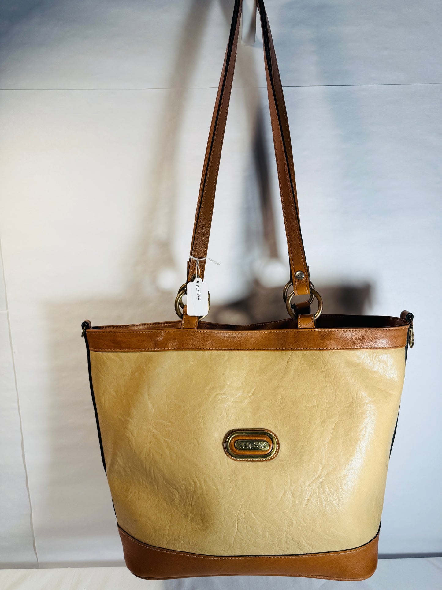 Large Tote Shoulder Bag Cream & Brown Faux Leather