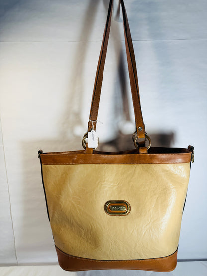 Large Tote Shoulder Bag Cream & Brown Faux Leather
