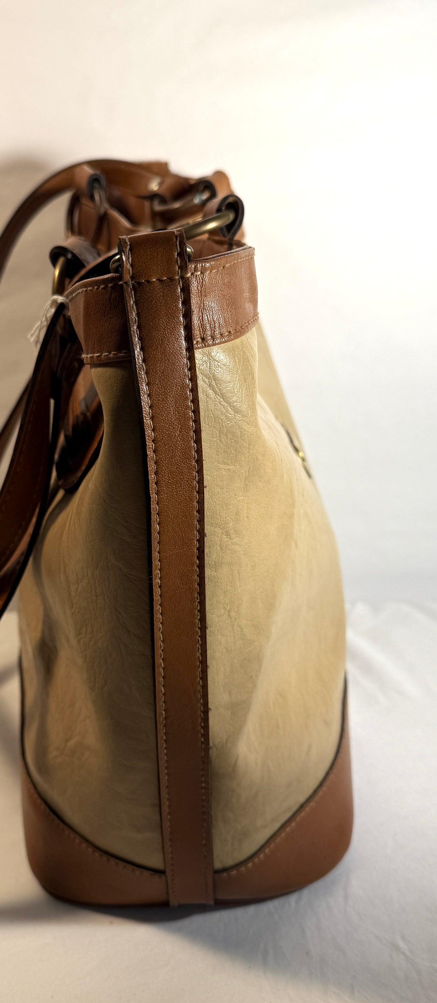 Large Tote Shoulder Bag Cream & Brown Faux Leather