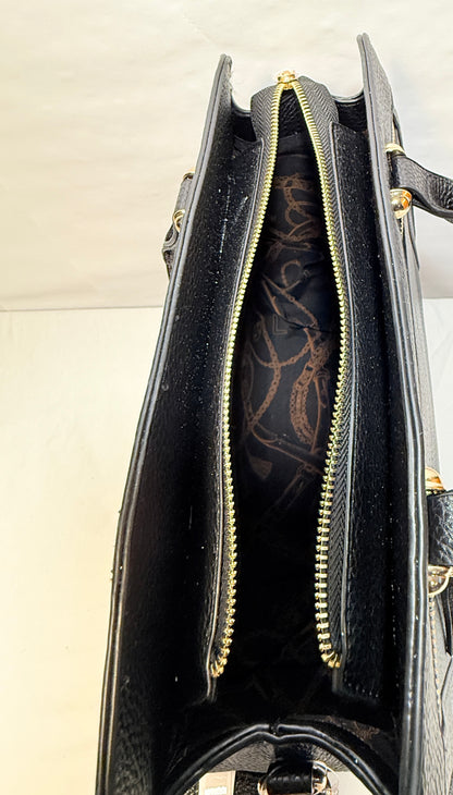 Black Leather Shoulder/Tote Bag W/Gold Toned Hardware. Double Tassle zip design