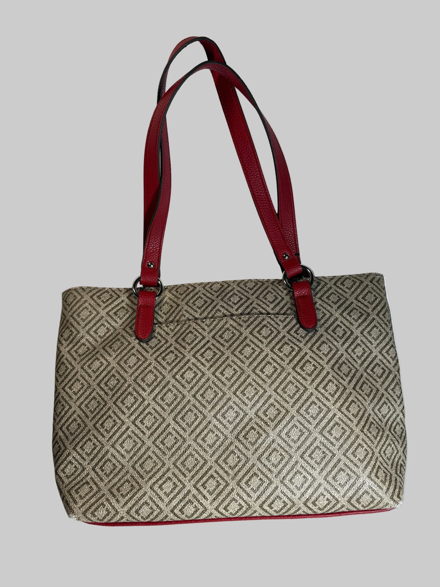 Liz Claiborne Logo Red and Tan Patterned Tote Bag