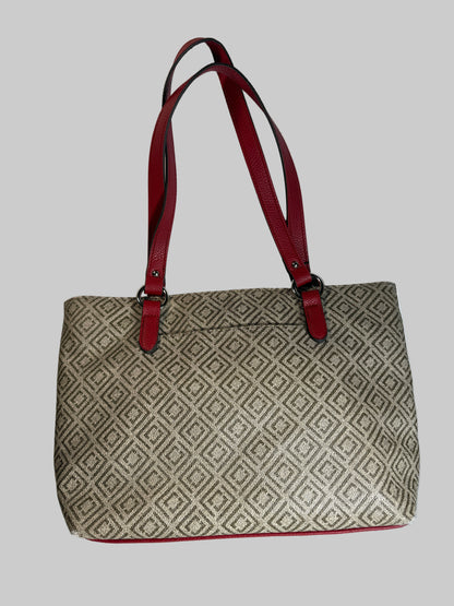 Liz Claiborne Logo Red and Tan Patterned Tote Bag