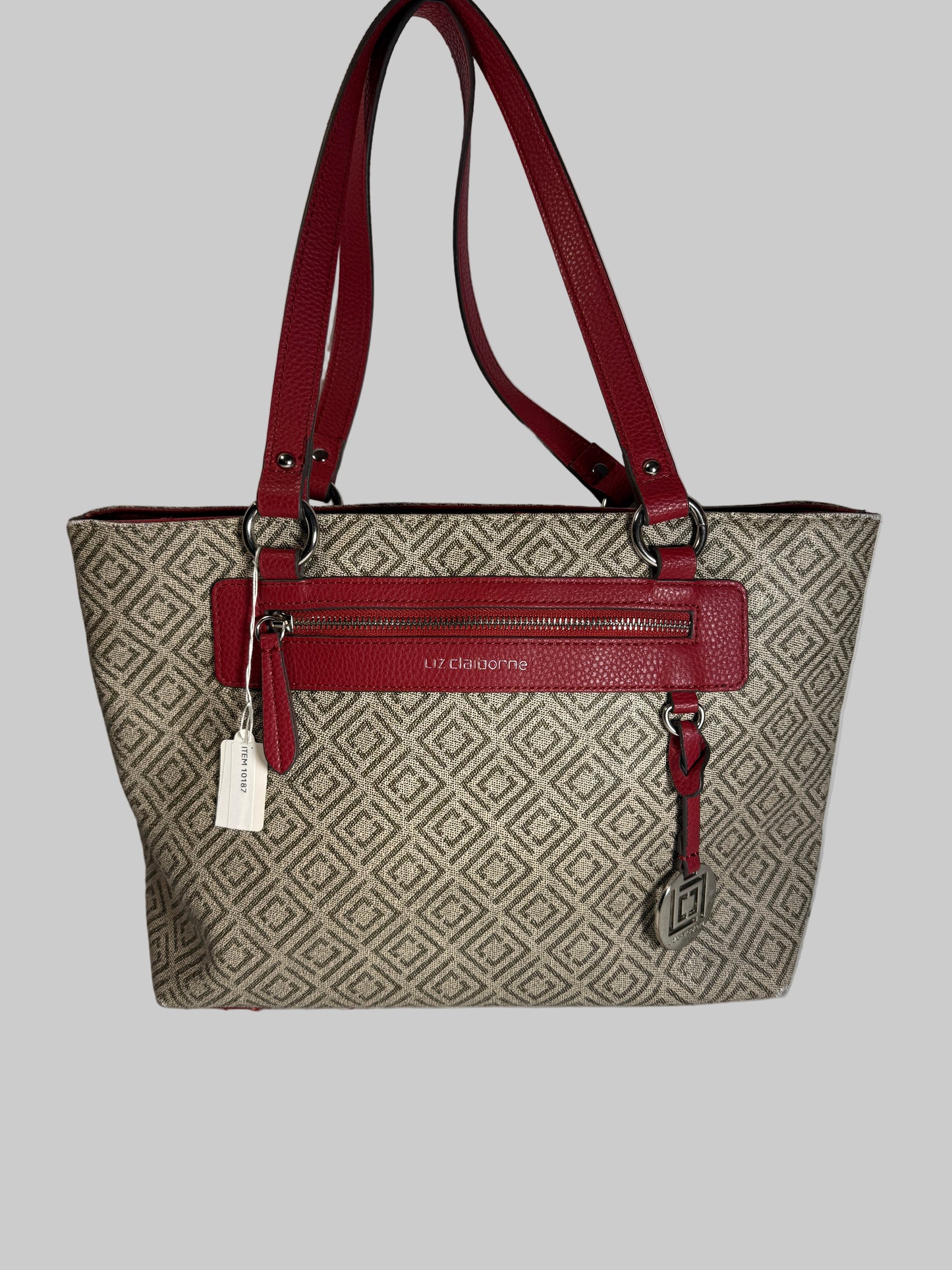 Liz Claiborne Logo Red and Tan Patterned Tote Bag