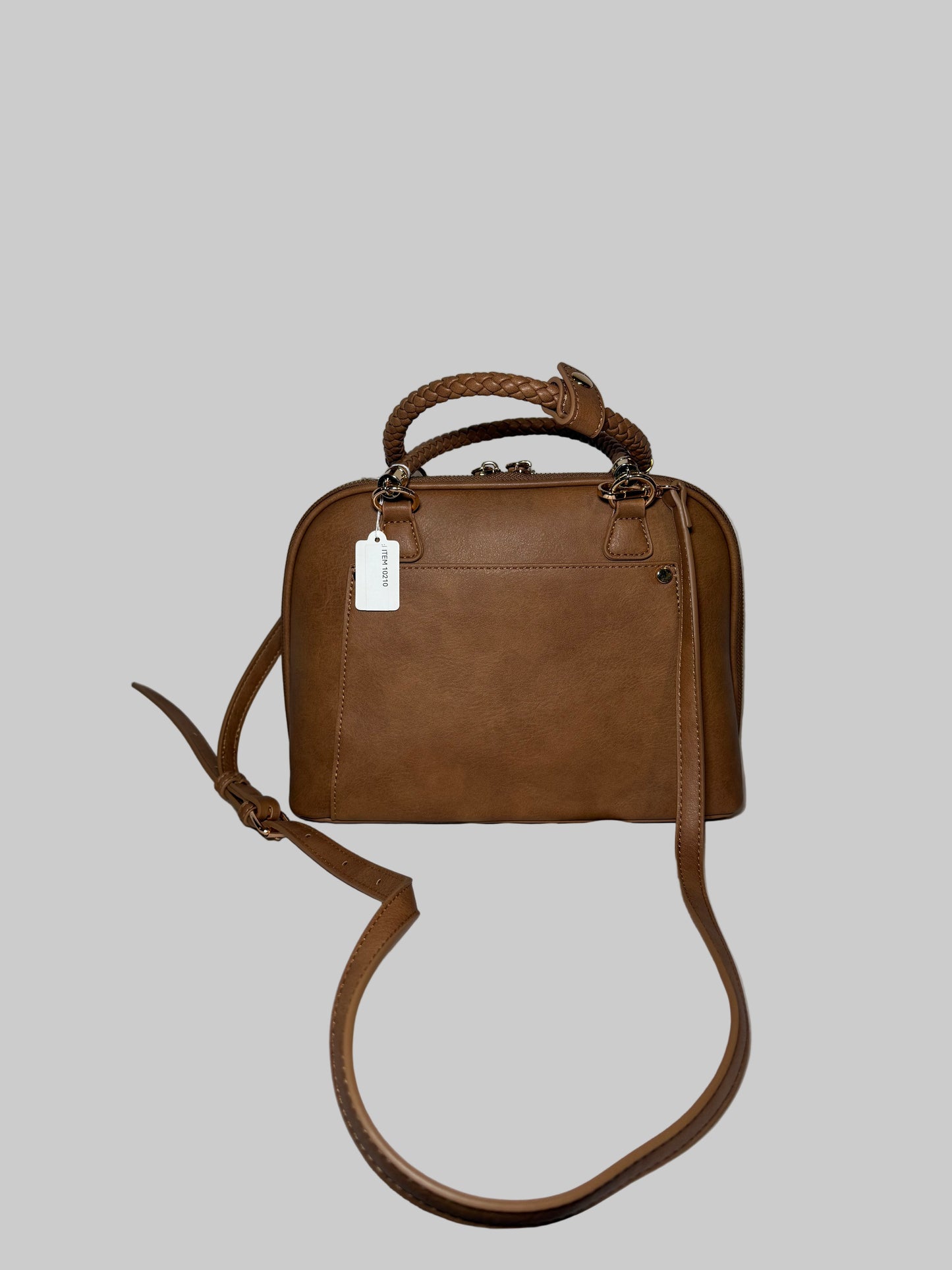 Brown Faux Leather Bag With Shoulder Strap & Braided Top Handle