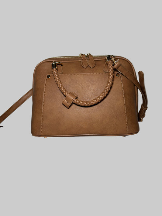 Brown Faux Leather Bag With Shoulder Strap & Braided Top Handle