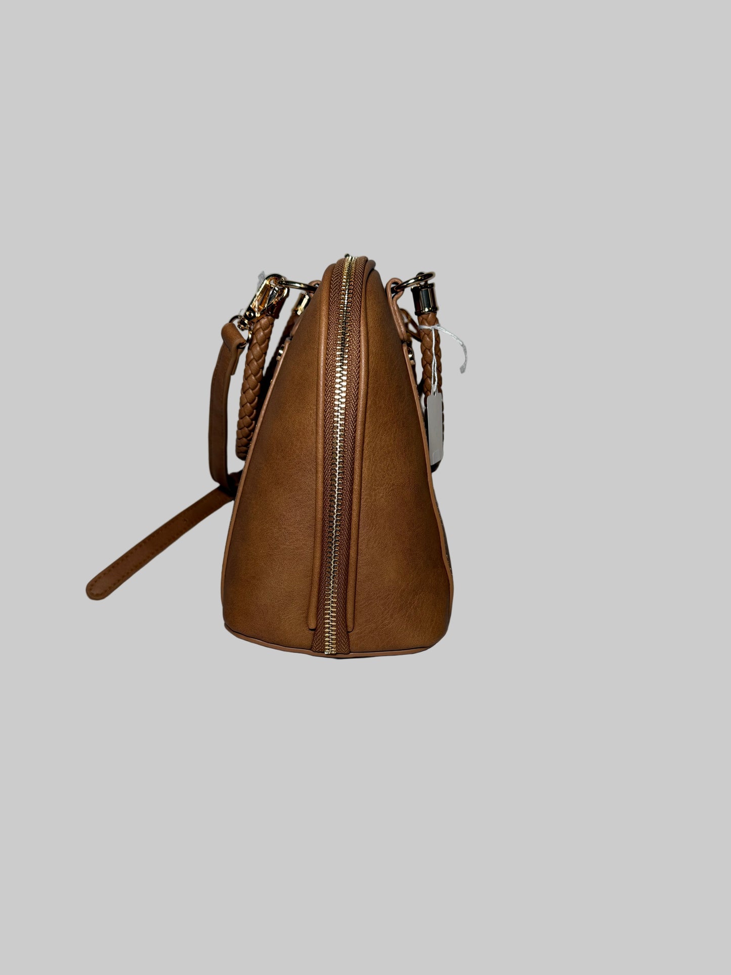 Brown Faux Leather Bag With Shoulder Strap & Braided Top Handle
